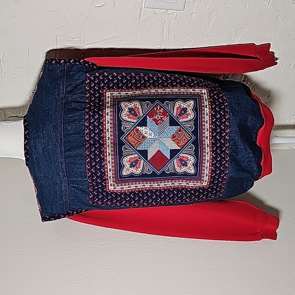 Vintage Patchwork Quilt Denim Jacket Coat Red Long Sleeve XL Pocket Boho Western - Picture 7 of 15